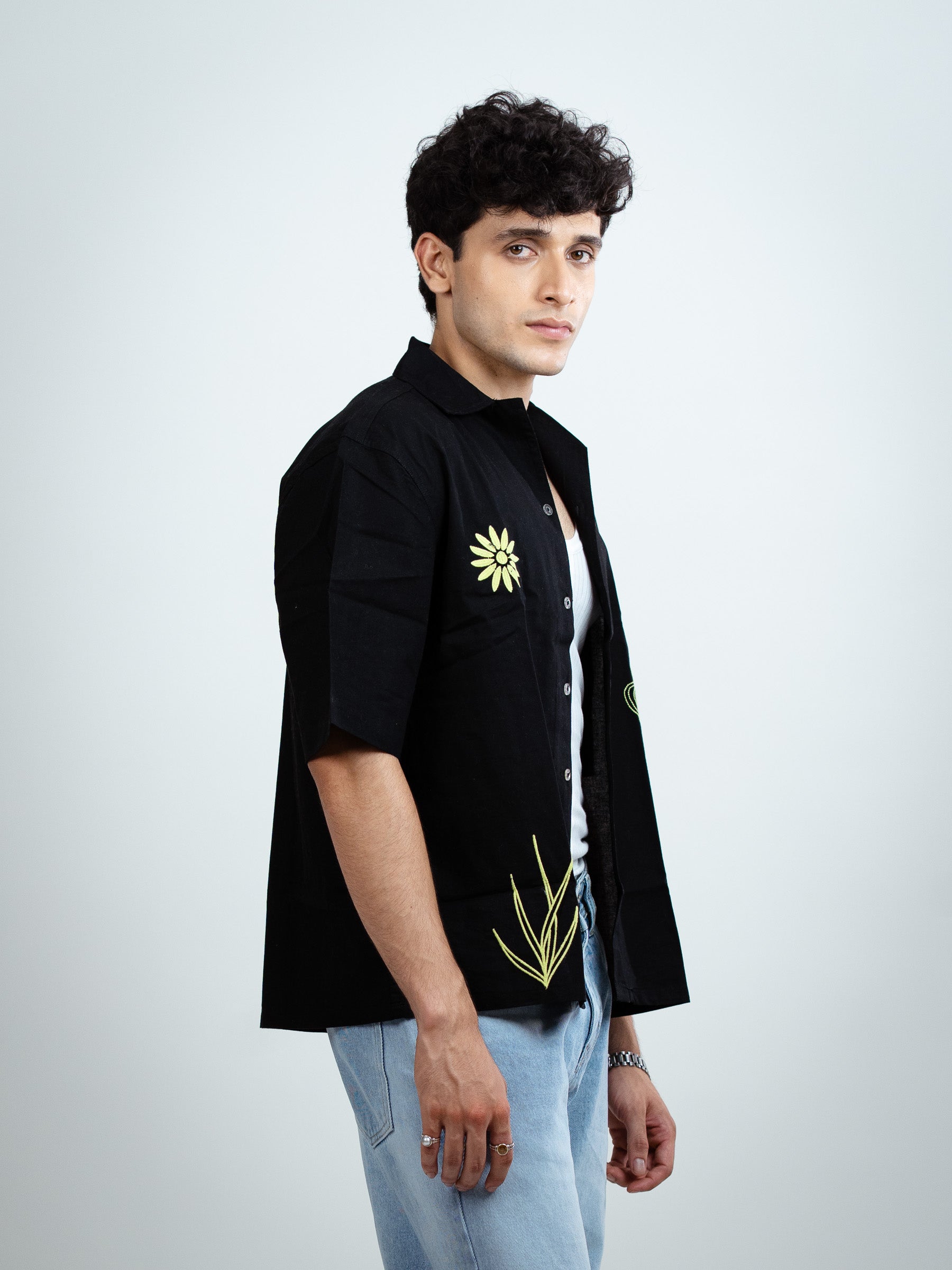 BLACK EMBROIDERED BOXY FIT SHIRT