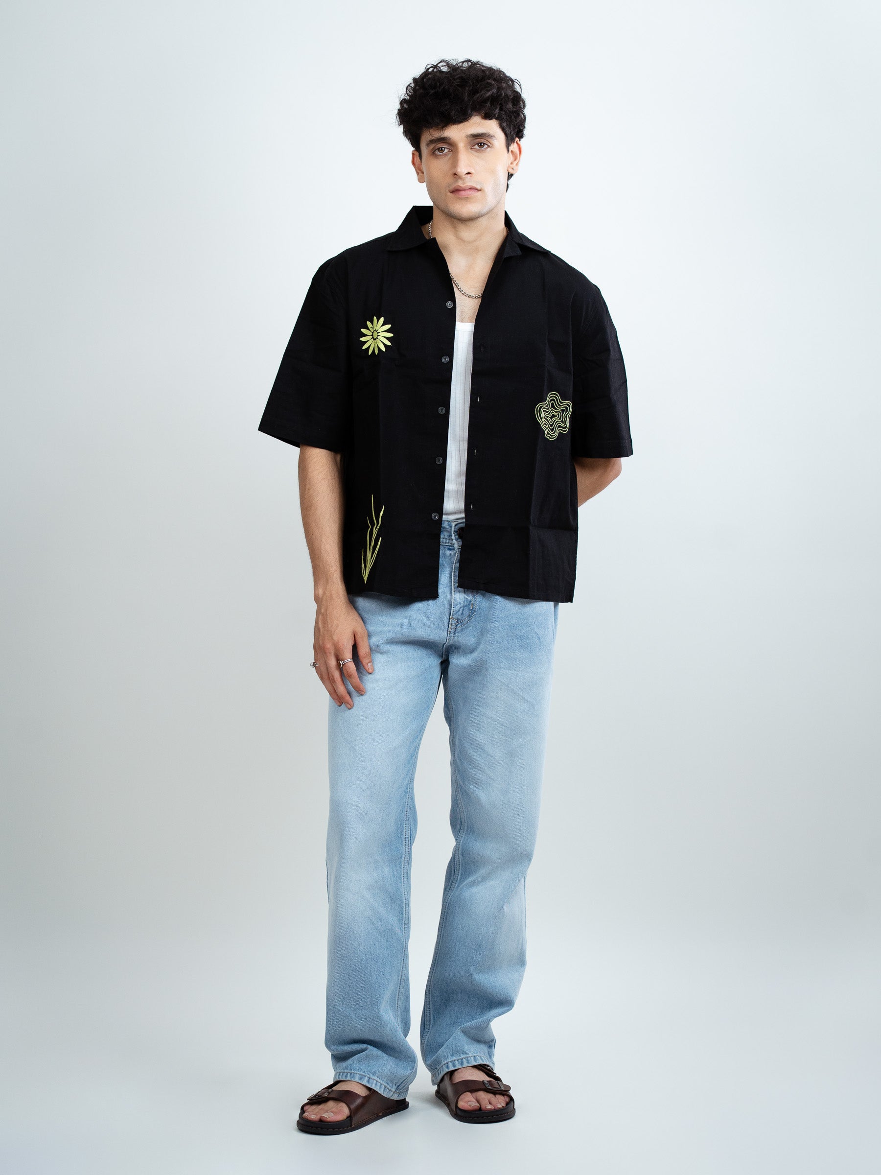 BLACK EMBROIDERED BOXY FIT SHIRT