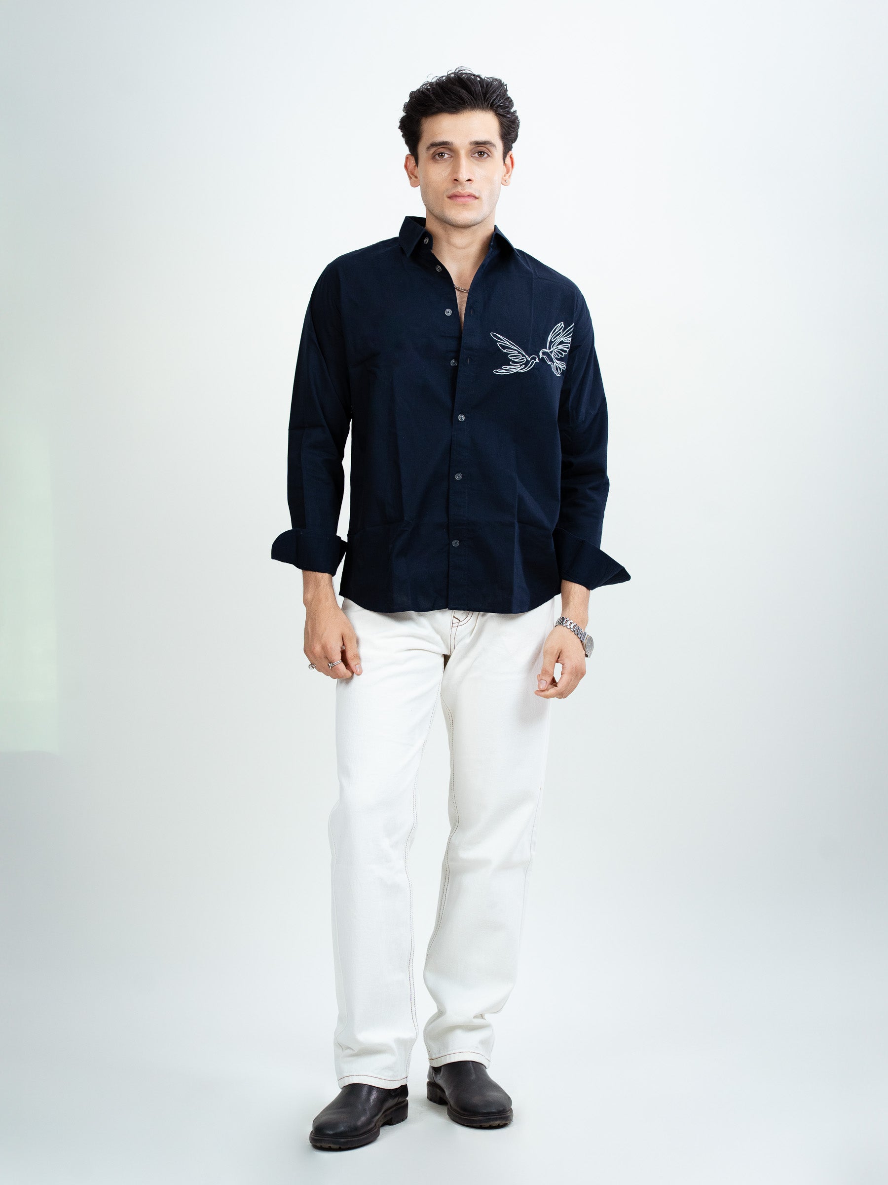 Front view of men's navy blue embroidery shirt with handcrafted detailing